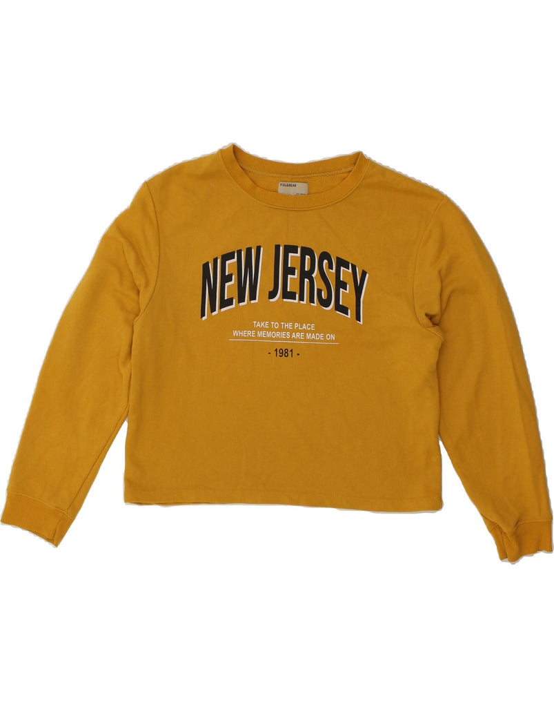 PULL & BEAR Womens Crop Graphic Sweatshirt Jumper UK 12 Medium Yellow Vintage Pull & Bear and Second-Hand Pull & Bear from Messina Hembry 