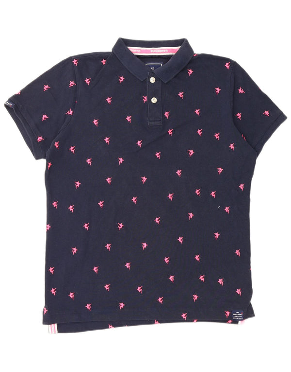 SUPERDRY Mens Polo Shirt XL Navy Blue Spotted Cotton