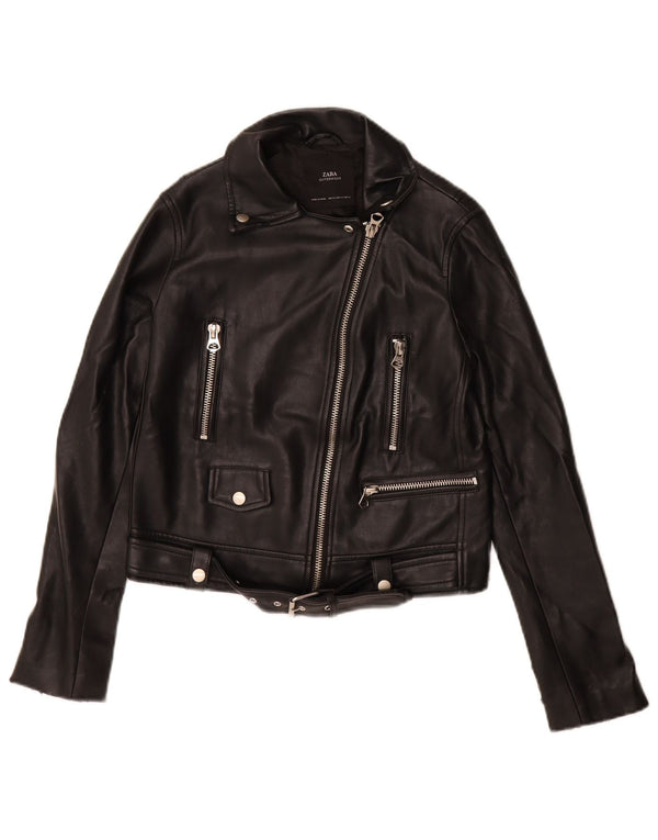 Zara Womens Faux Leather Biker Jacket UK 6 XS Black Polyurethane