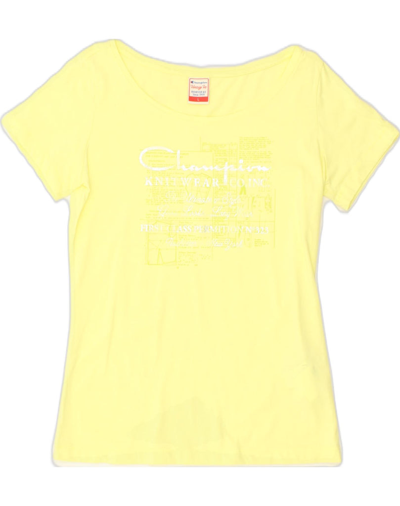 CHAMPION Womens Herritage Fit Graphic T-Shirt Top UK 14 Large Yellow | Vintage Champion | Thrift | Second-Hand Champion | Used Clothing | Messina Hembry 