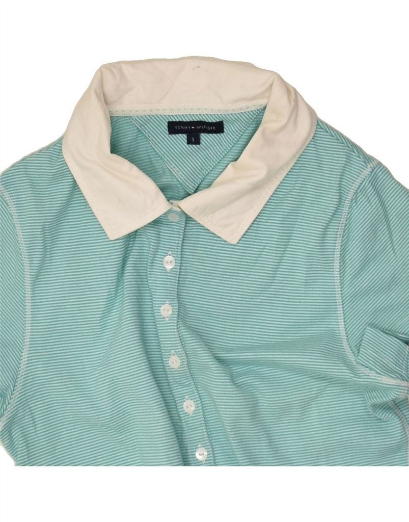 TOMMY HILFIGER Womens Polo Shirt UK 10 Small Turquoise Pinstripe Cotton | Vintage Tommy Hilfiger | Thrift | Second-Hand Tommy Hilfiger | Used Clothing | Messina Hembry 