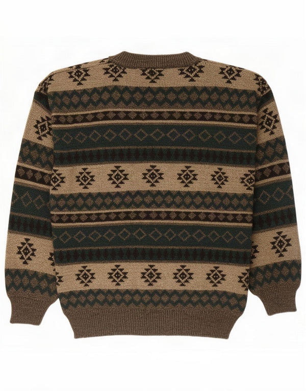 Vintage Mens V-Neck Jumper Sweater Large Khaki Fair Isle Acrylic