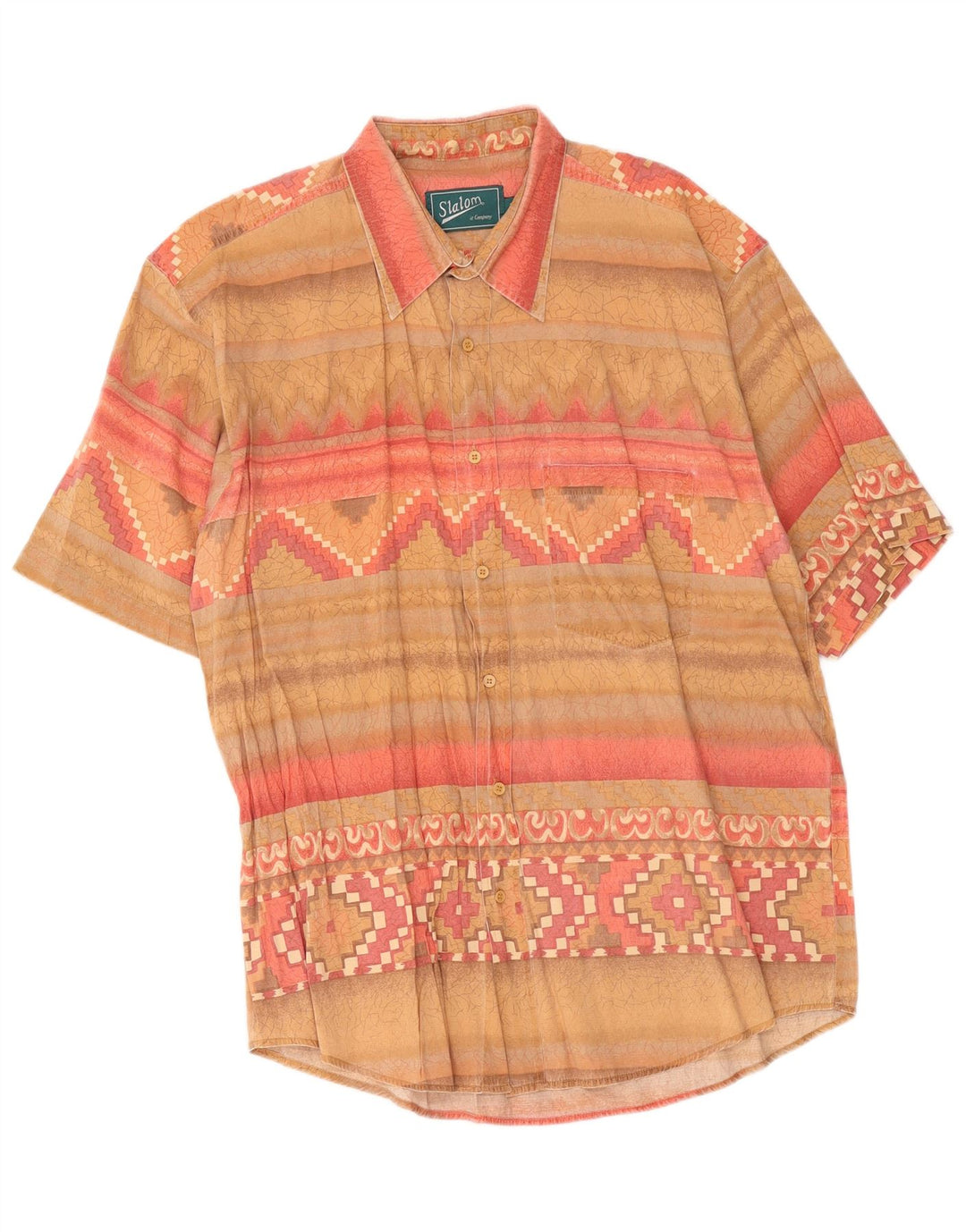 Vintage Mens Short Sleeve Shirt XL Beige Geometric