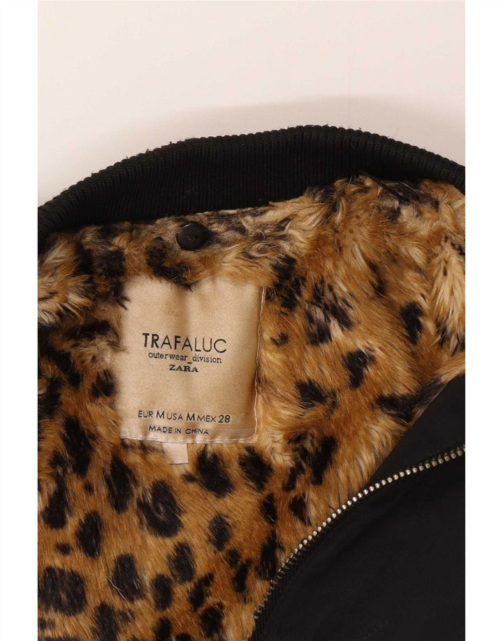 Zara Womens Sherpa Bomber Jacket UK 14 Medium Black Polyester