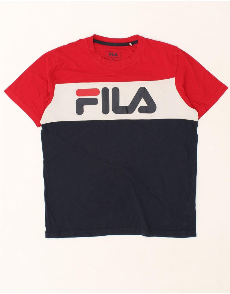 FILA Mens Graphic T-Shirt Top Medium Navy Blue Colourblock Cotton | Vintage Fila | Thrift | Second-Hand Fila | Used Clothing | Messina Hembry 