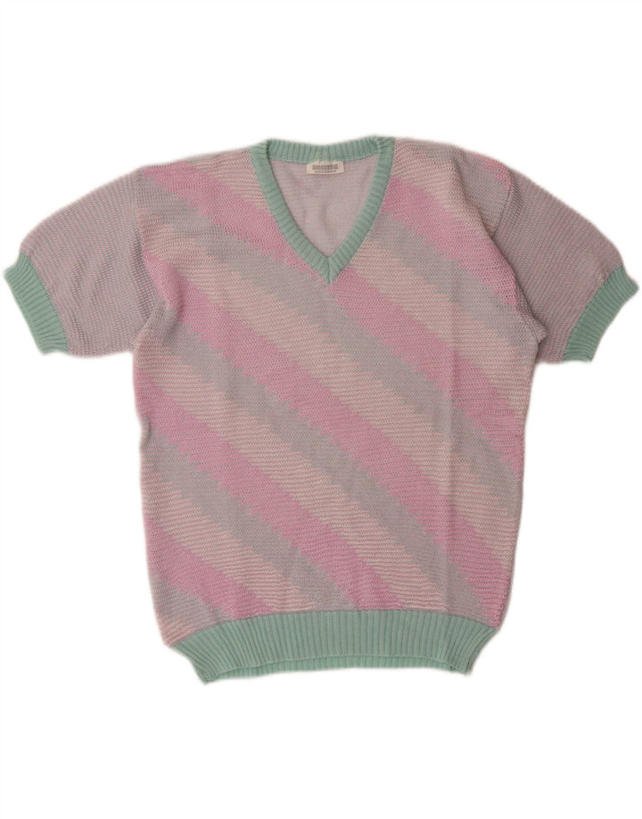 BREITER Womens V-Neck Jumper Sweater UK 14 Medium Pink Striped Vintage Breiter and Second-Hand Breiter from Messina Hembry 