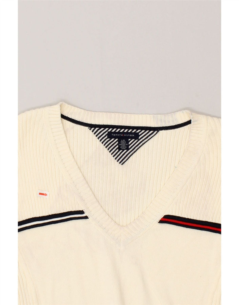 TOMMY HILFIGER Womens V-Neck Jumper Sweater UK 14 Large Beige Cotton | Vintage Tommy Hilfiger | Thrift | Second-Hand Tommy Hilfiger | Used Clothing | Messina Hembry 