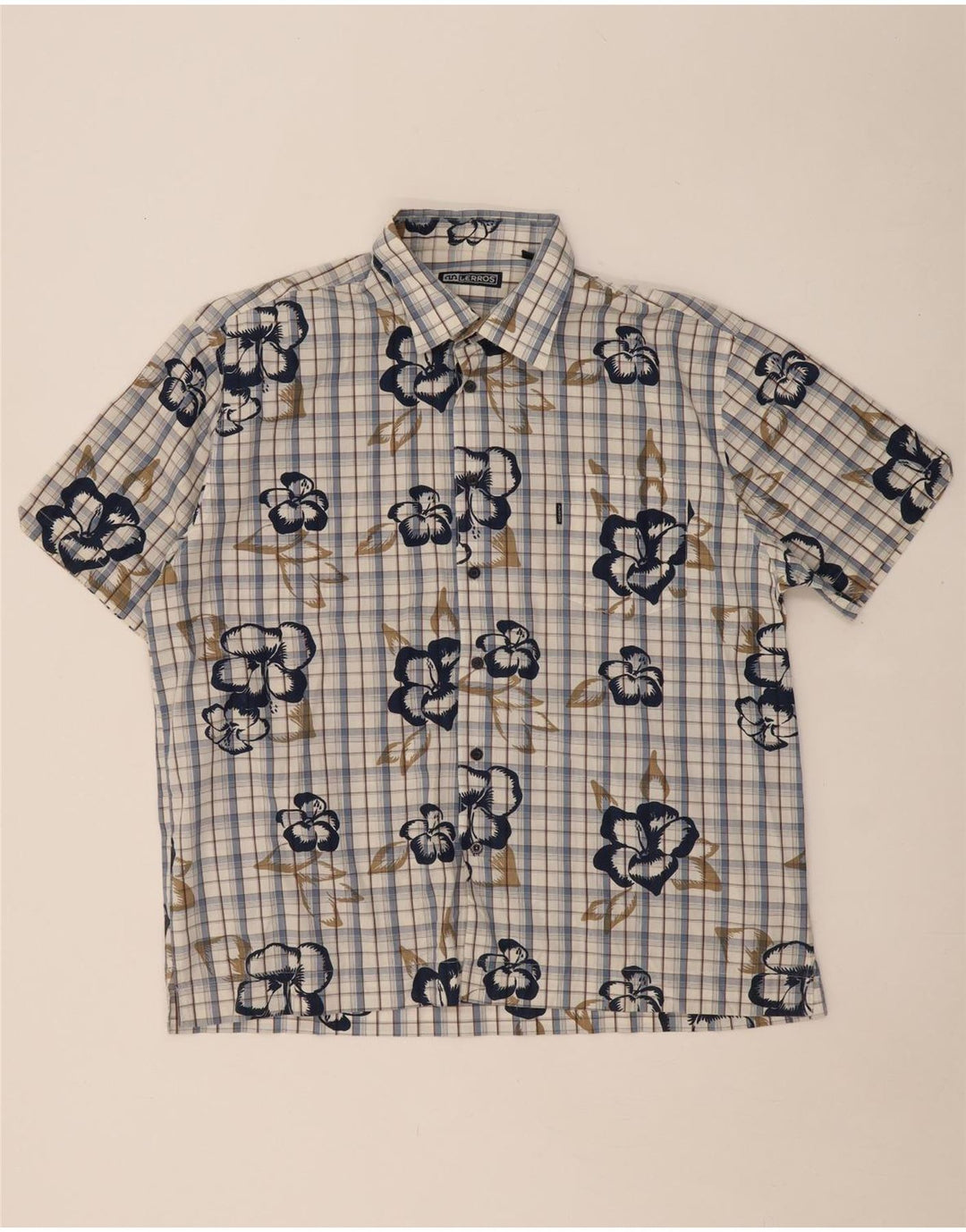 LERROS Mens Short Sleeve Shirt XL Blue Check Cotton