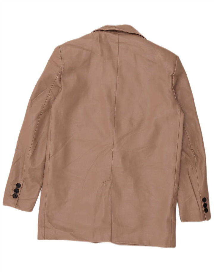 Zara Womens 2 Button Faux Leather Blazer Jacket UK 10 Small Beige Polyester