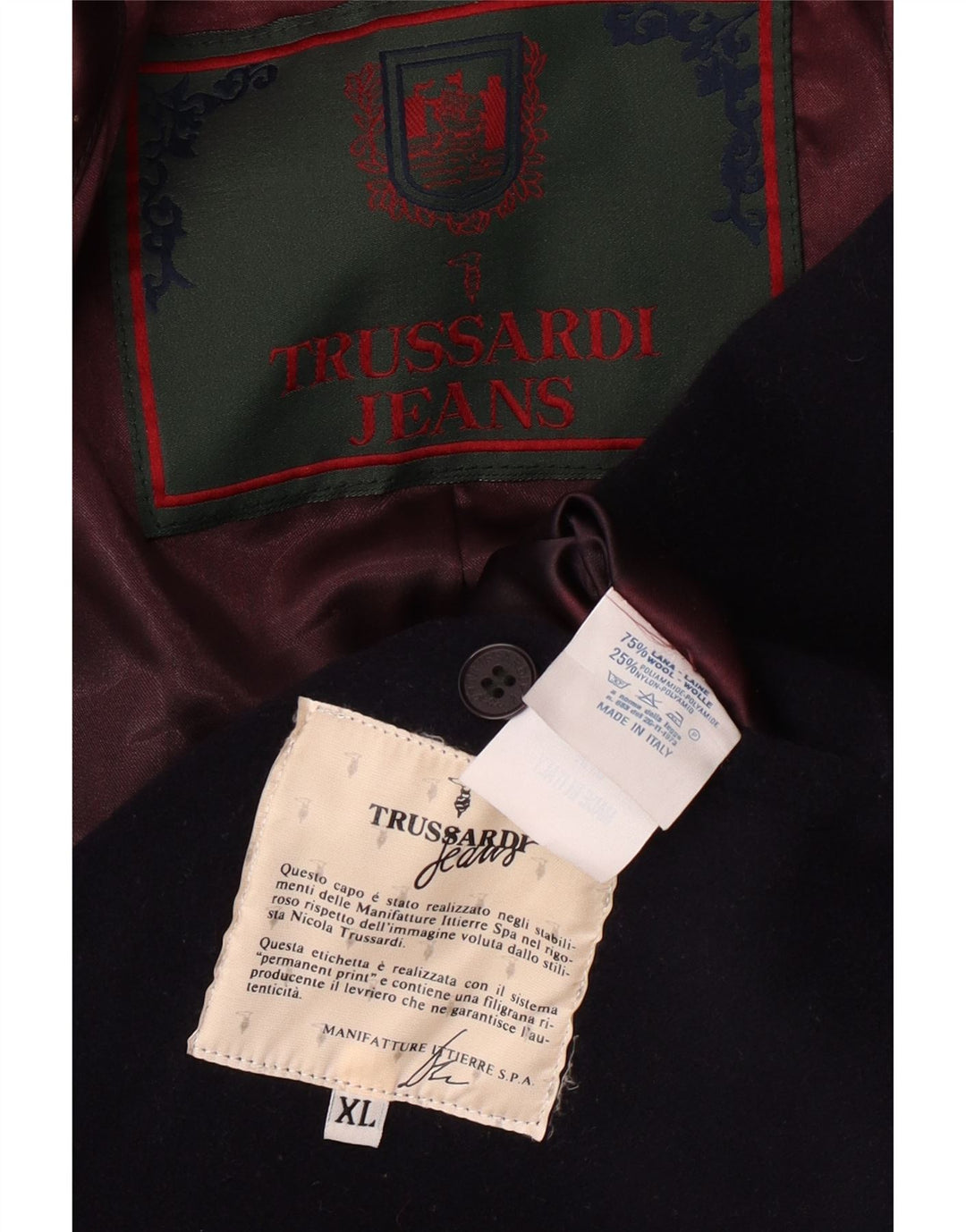 TRUSSARDI JEANS Mens Overcoat UK 42 XL Navy Blue Wool
