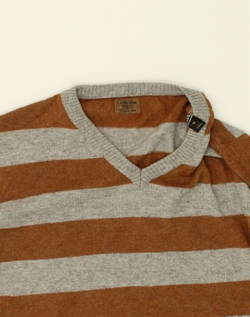 MELTIN' POT Mens V-Neck Jumper Sweater Medium Grey Striped Wool | Vintage Meltin' Pot | Thrift | Second-Hand Meltin' Pot | Used Clothing | Messina Hembry 