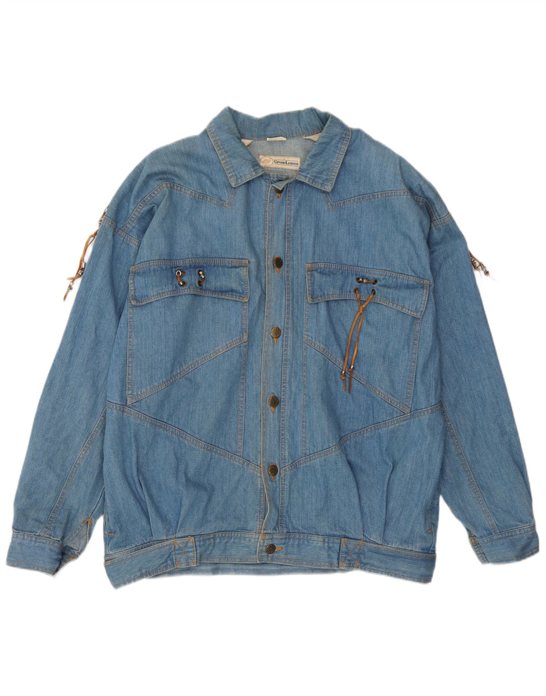 Green Leaves Mens Denim Jacket UK 40 Large Blue Cotton
