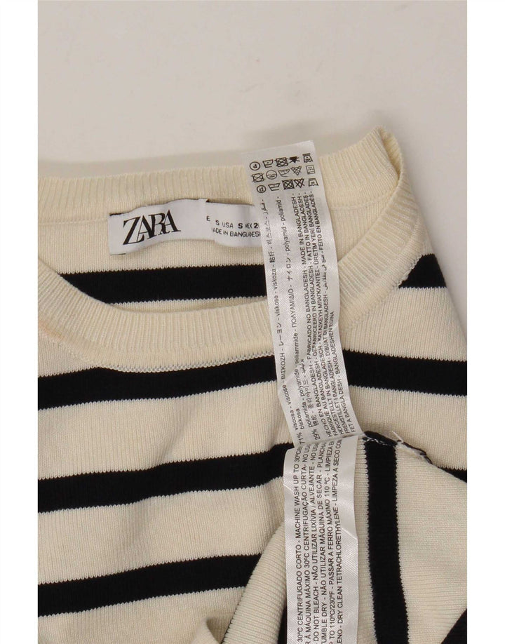 Zara Womens Crop Blouse Top UK 8 Small Off White Striped Viscose