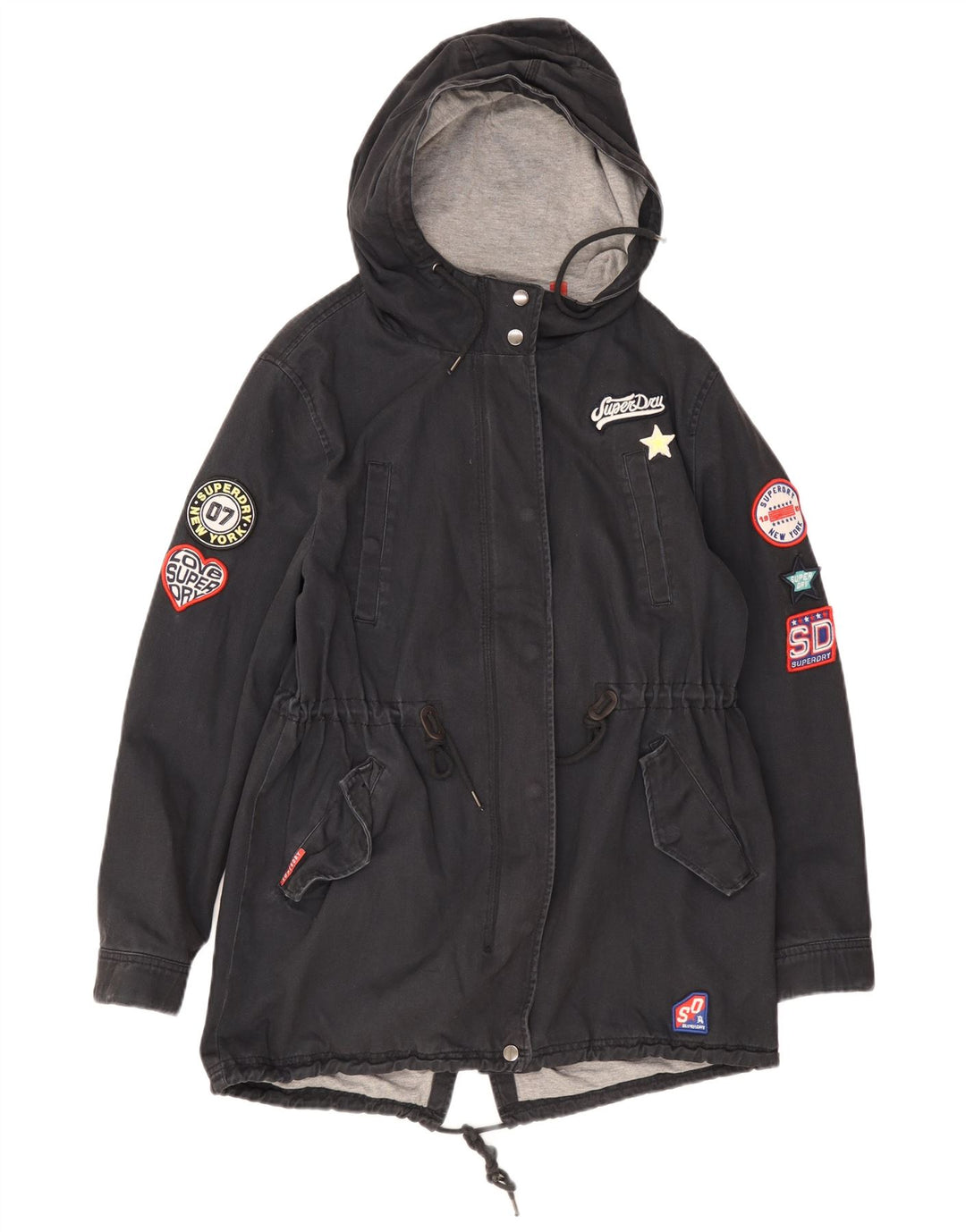Superdry Womens Graphic Hooded Parka Jacket UK 12 Medium Navy Blue Cotton