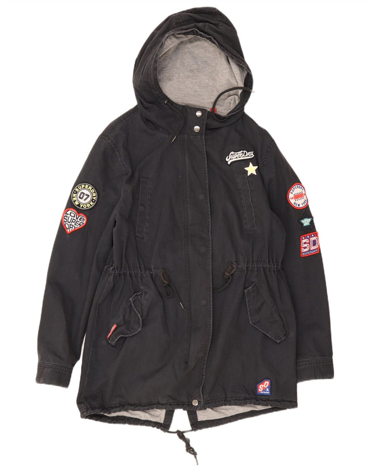 Superdry Womens Graphic Hooded Parka Jacket UK 12 Medium Navy Blue Cotton