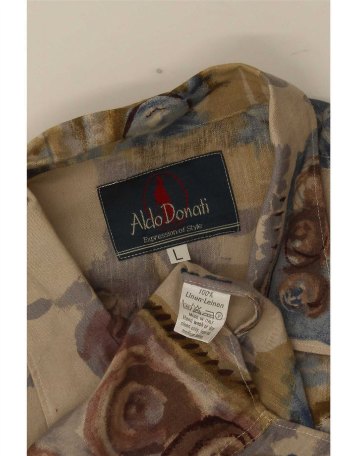 Vintage Mens Abstract Pattern Short Sleeve Shirt Large Beige Linen