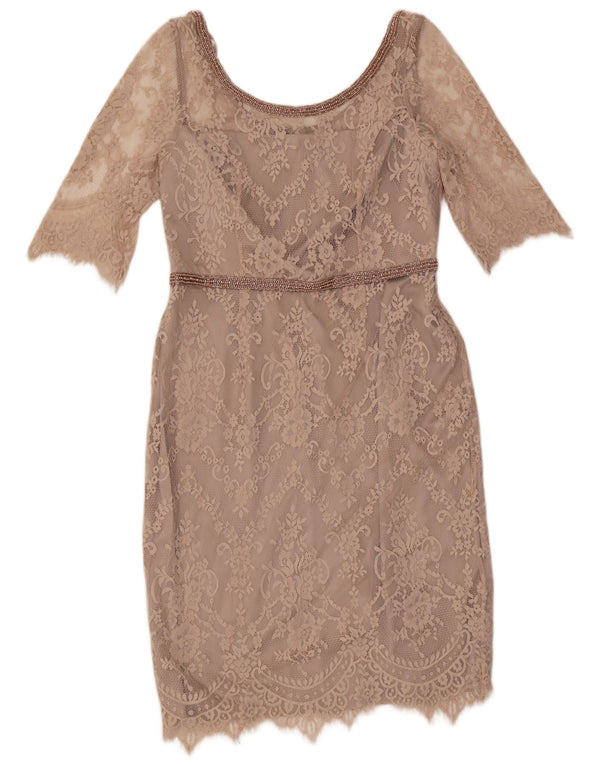 Monsoon Womens 3/4 Sleeve Lace Sheath Dress UK 16 Large Beige Floral Nylon