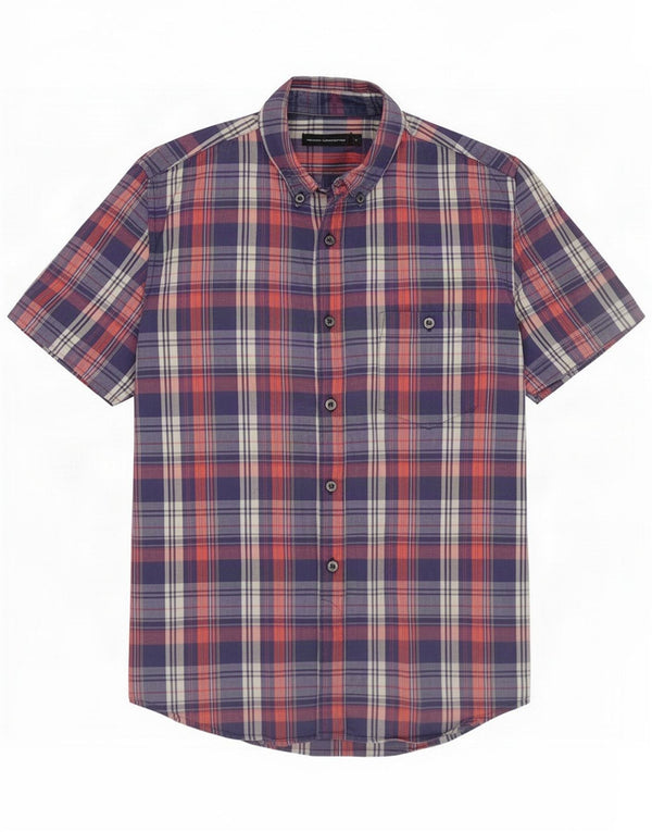 French Connection Mens Short Sleeve Shirt Medium Navy Blue Check Cotton