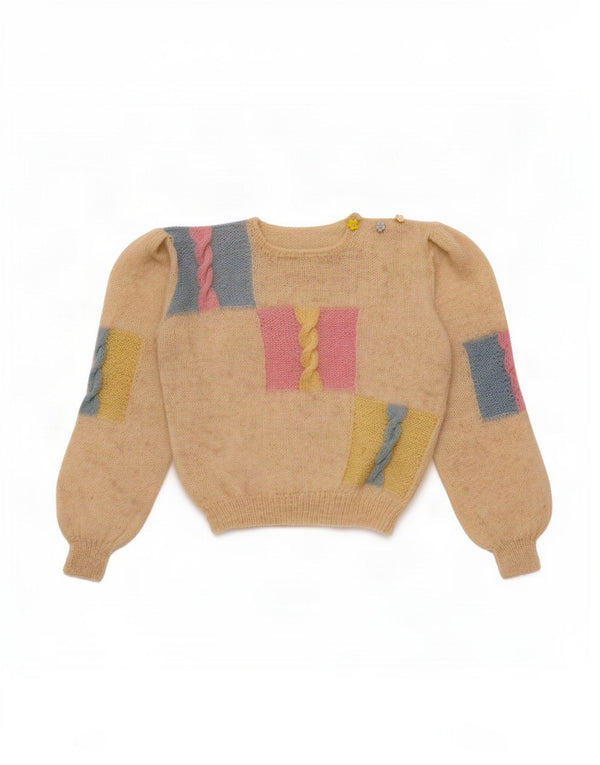 Vintage Womens Crew Neck Jumper Sweater UK 16 Large Beige Colourblock