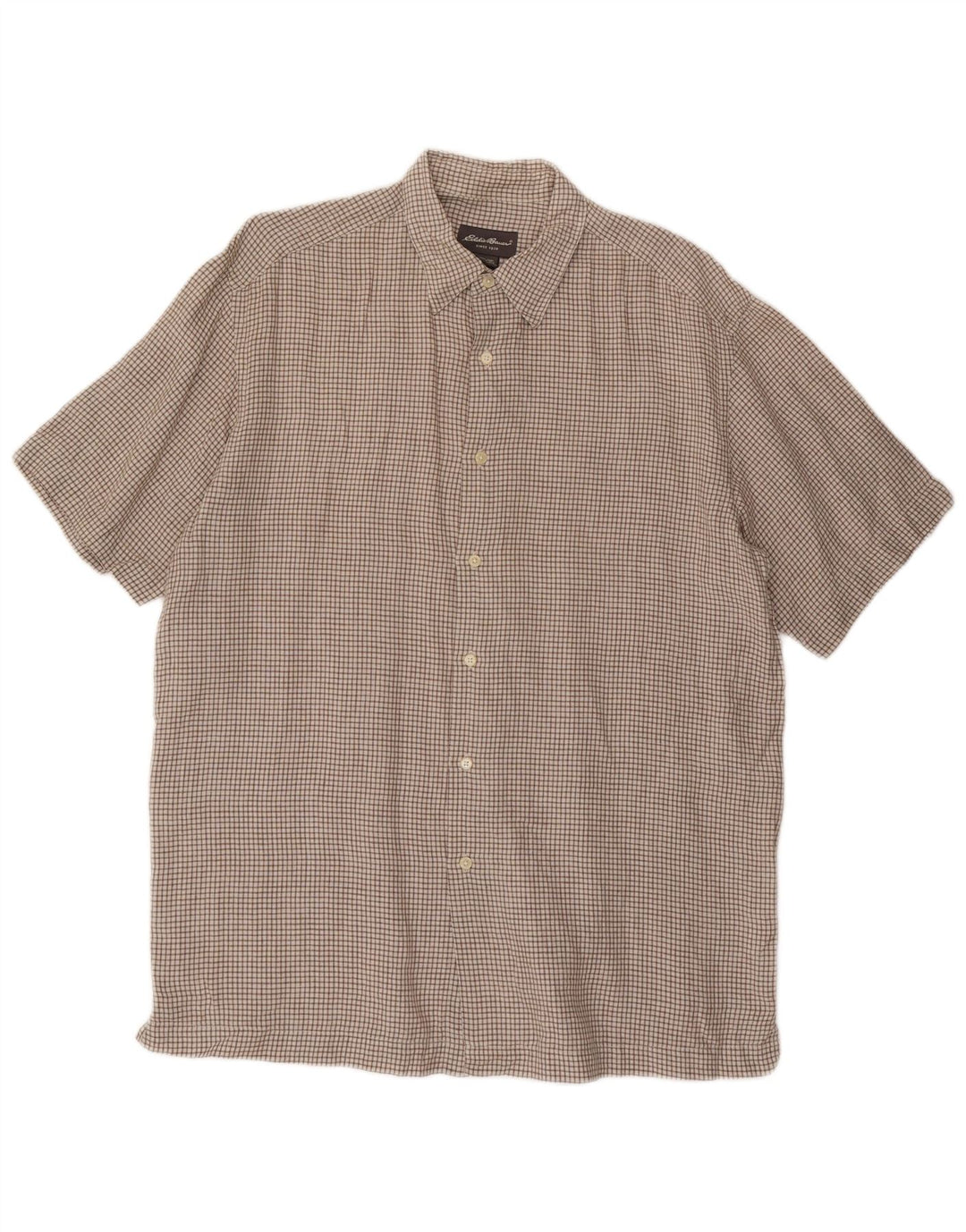 EDDIE BAUER Mens Tall Short Sleeve Shirt Large Brown Check Linen