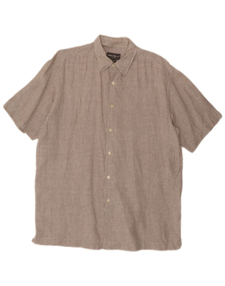EDDIE BAUER Mens Tall Short Sleeve Shirt Large Brown Check Linen