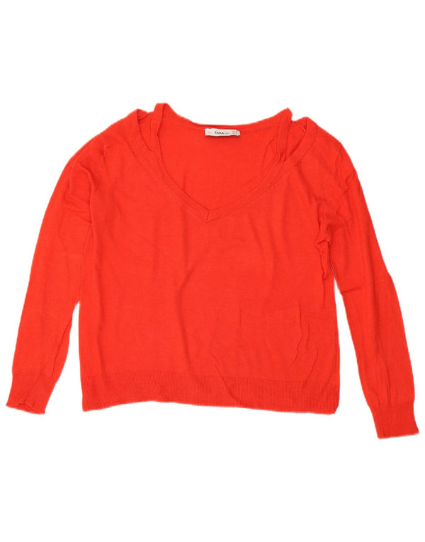 Zara Womens Crop V-Neck Jumper Sweater UK 14 Medium Red