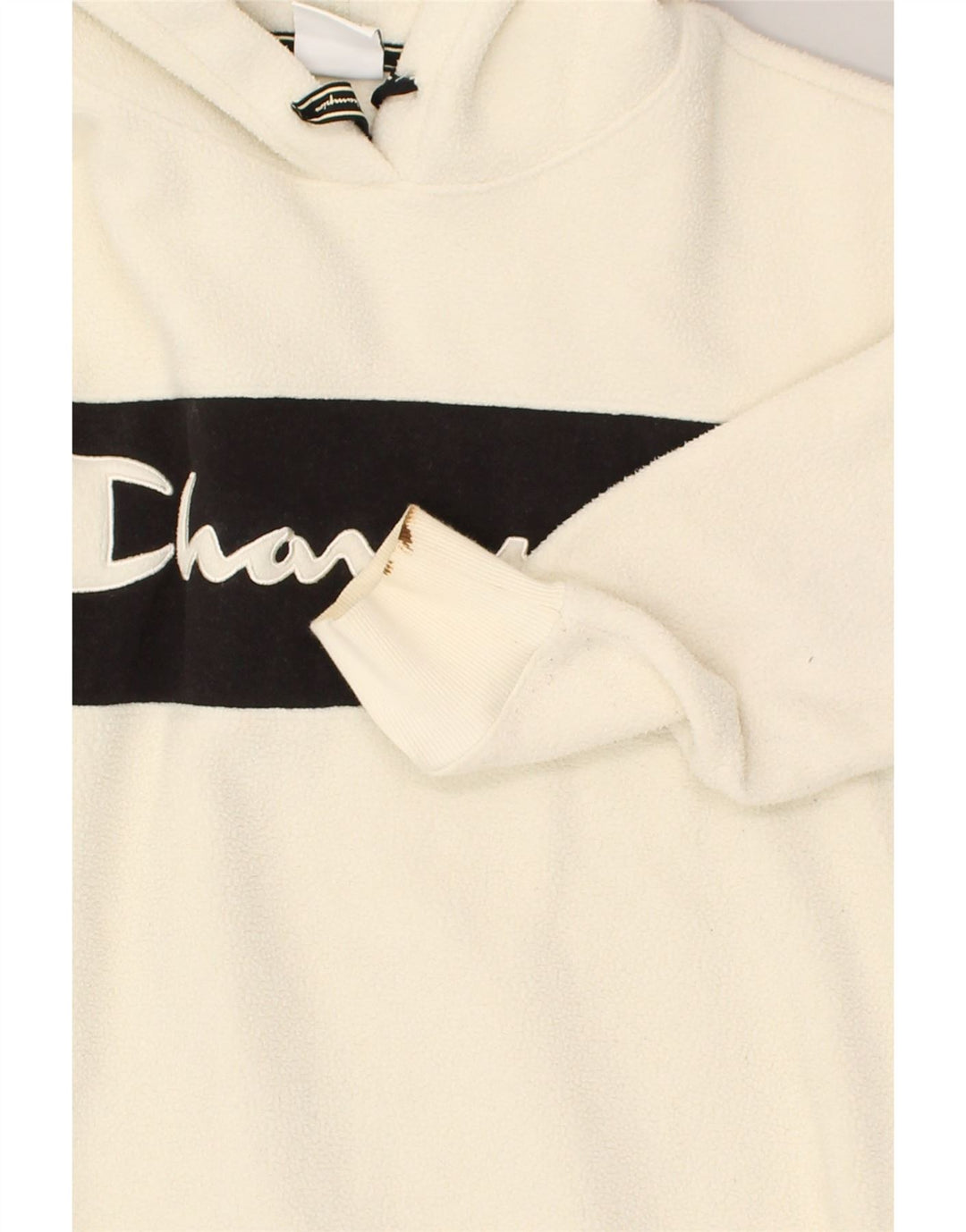 CHAMPION Mens Fleece Graphic Hoodie Jumper Small Off White Polyester | Vintage Champion | Thrift | Second-Hand Champion | Used Clothing | Messina Hembry 