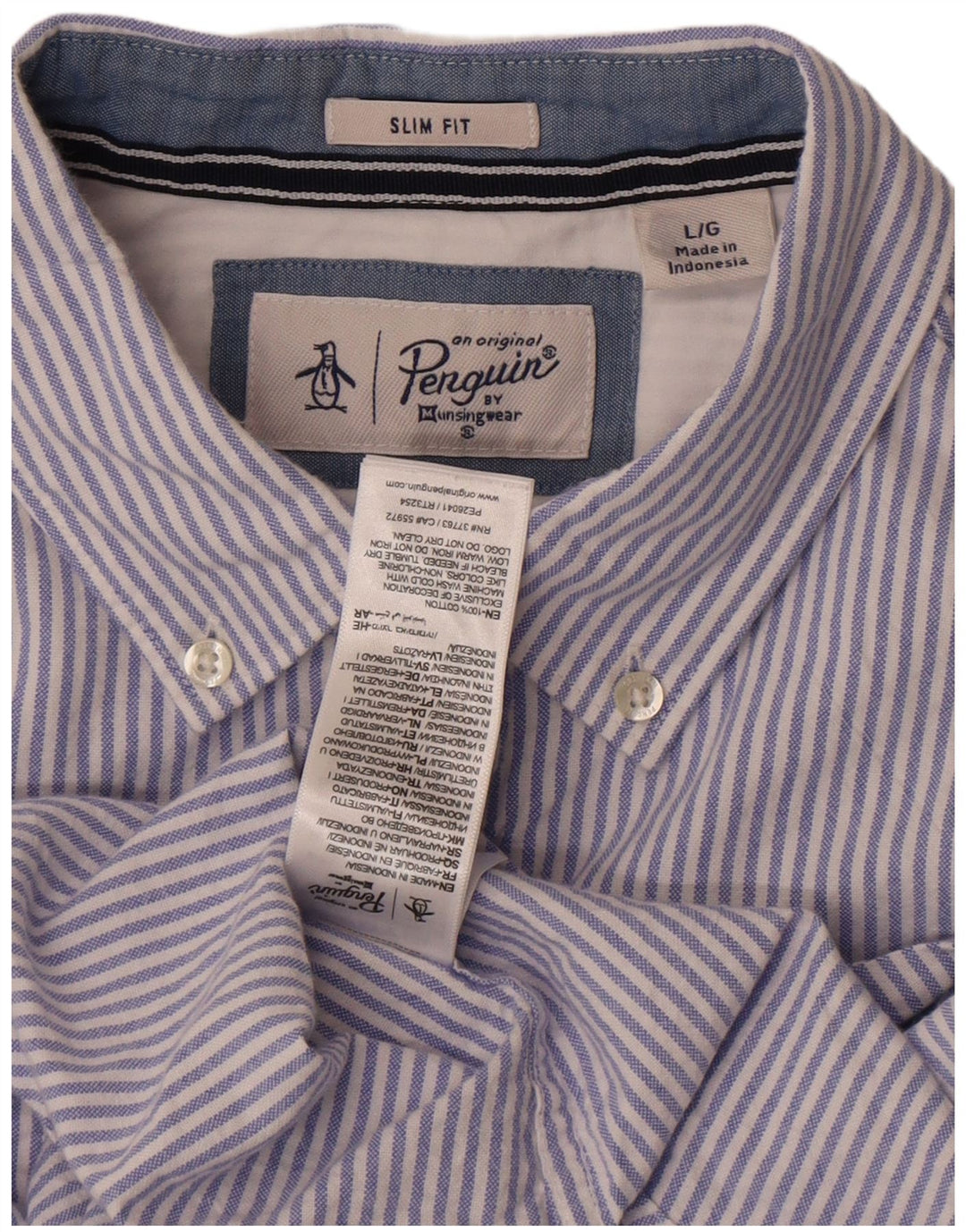 Penguin Mens Slim Fit Shirt Large Blue Pinstripe Cotton