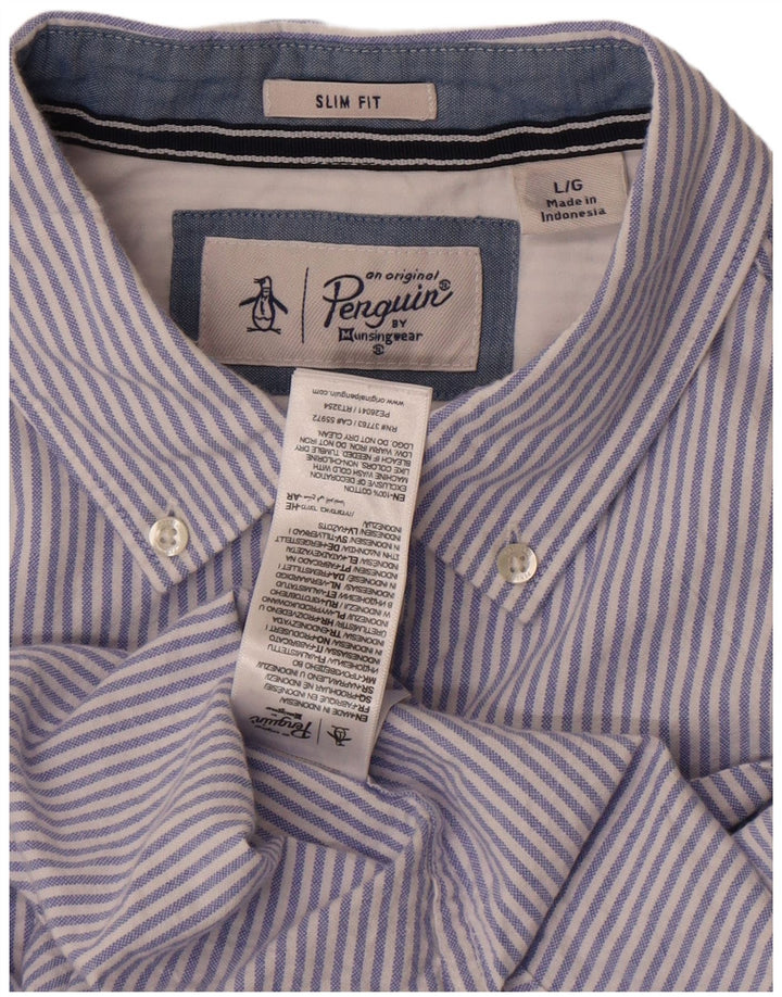 Penguin Mens Slim Fit Shirt Large Blue Pinstripe Cotton