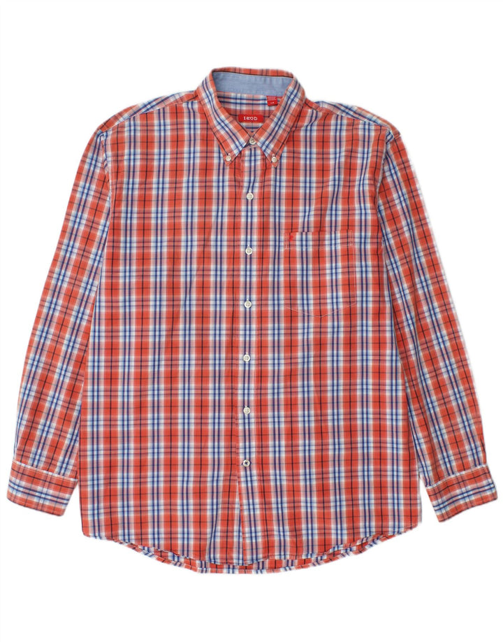 Izod Mens Shirt Large Orange Check Cotton