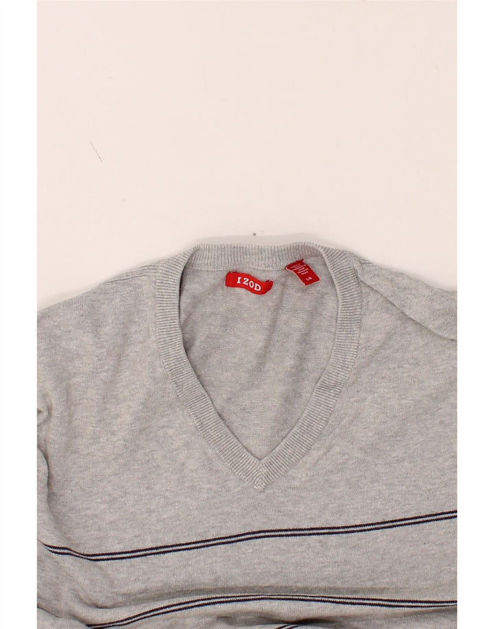 IZOD Mens V-Neck Jumper Sweater Large Grey Striped Cotton Vintage Izod and Second-Hand Izod from Messina Hembry 