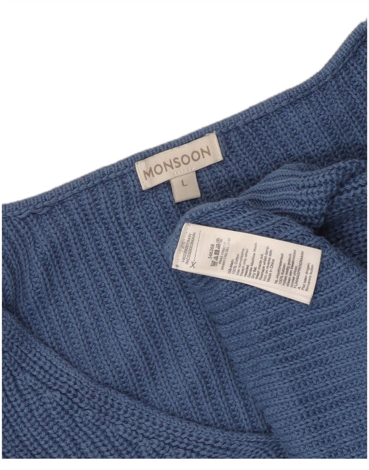 Monsoon Womens Oversized V-Neck Jumper Sweater UK 16 Large Blue Cotton
