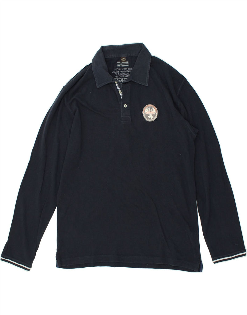 NAPAPIJRI Mens Graphic Long Sleeve Polo Shirt XL Navy Blue Cotton | Vintage Napapijri | Thrift | Second-Hand Napapijri | Used Clothing | Messina Hembry 