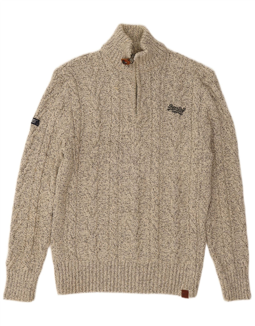 SUPERDRY Mens Zip Neck Jumper Sweater XL Beige Flecked Acrylic