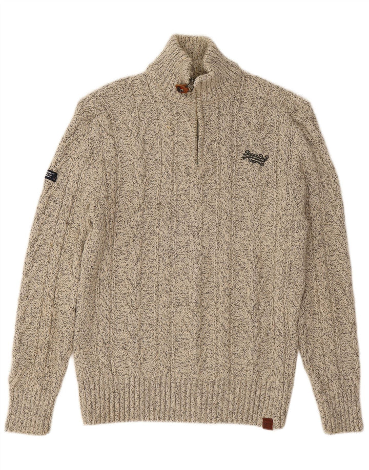 SUPERDRY Mens Zip Neck Jumper Sweater XL Beige Flecked Acrylic