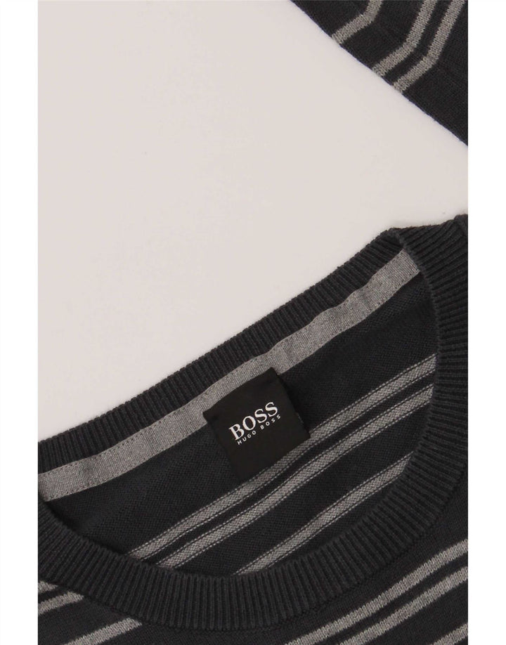 Hugo Boss Mens Crew Neck Jumper Sweater Large Grey Striped Cotton