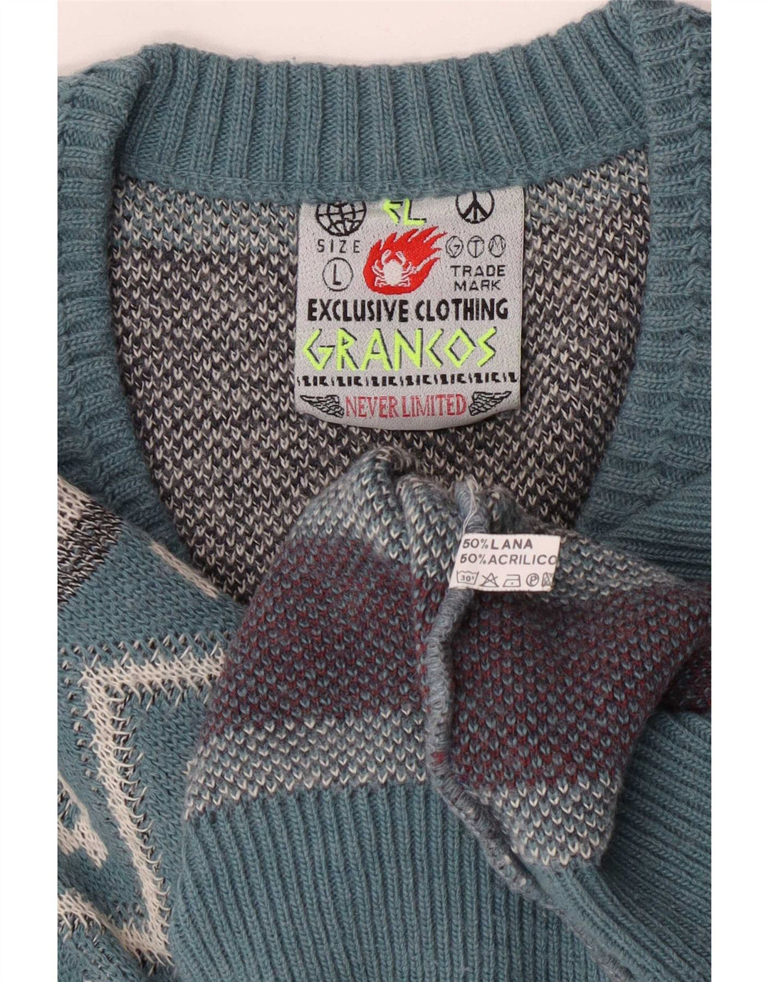 Vintage Mens V-Neck Jumper Sweater Large Blue Geometric Wool