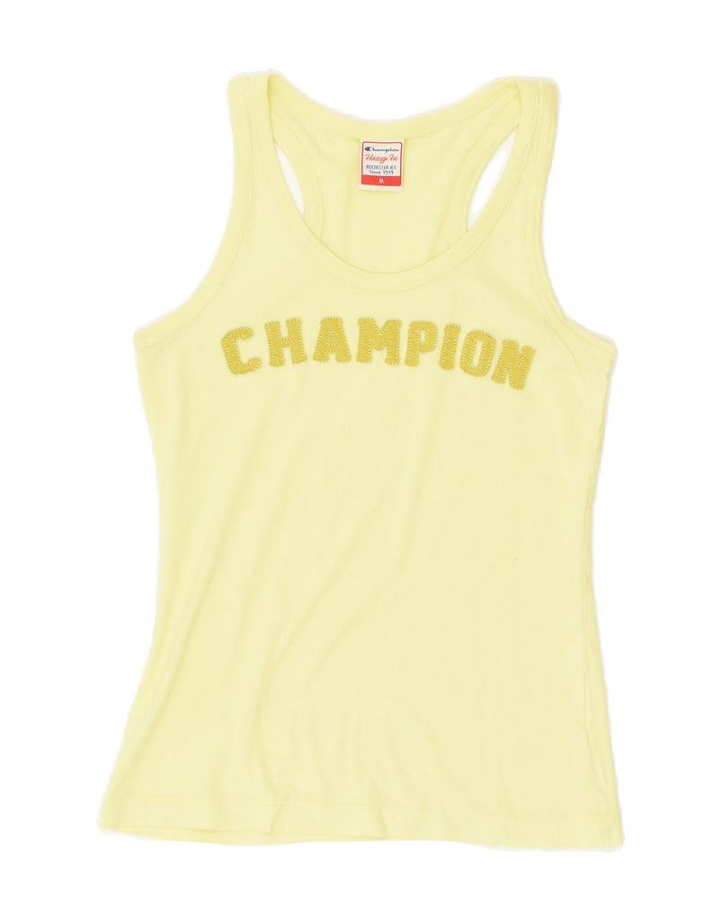 CHAMPION Womens Heritage Graphic Vest Top UK 12 Medium Yellow | Vintage Champion | Thrift | Second-Hand Champion | Used Clothing | Messina Hembry 