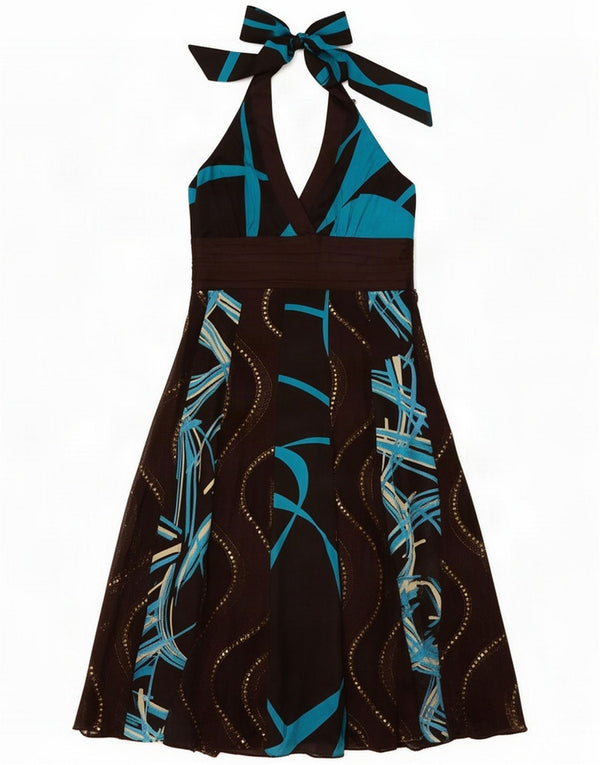 Monsoon Womens Abstract Pattern Halter Dress UK 12 Medium Brown Silk