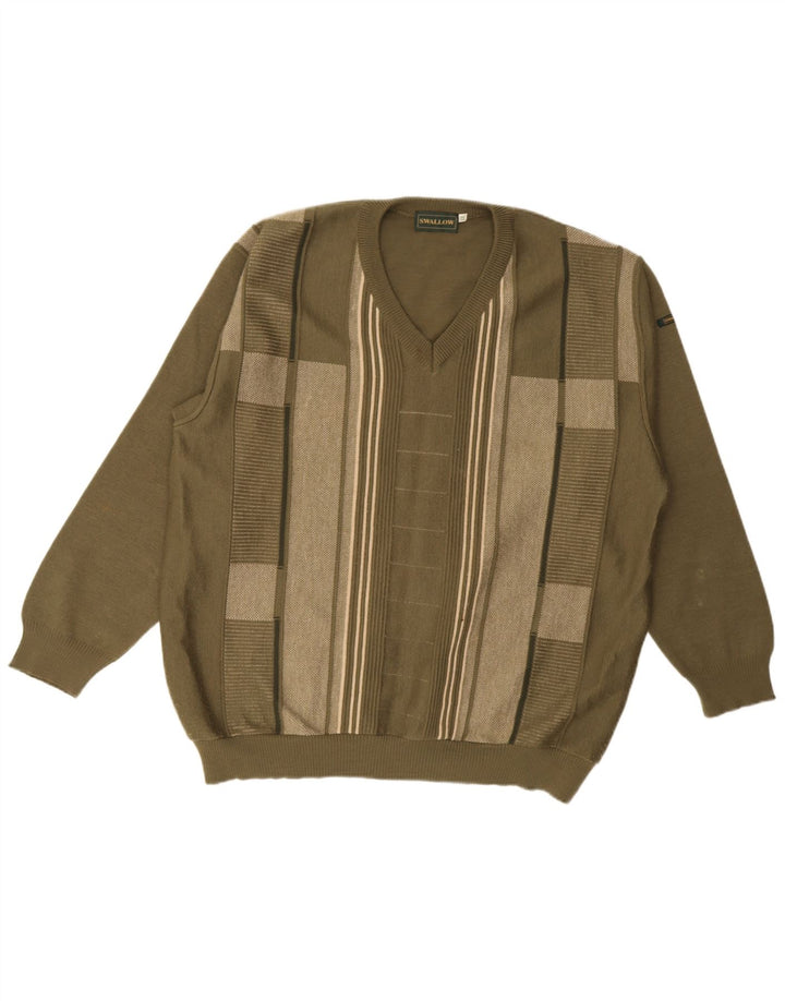 Swallow Mens V-Neck Jumper Sweater 2XL Khaki Colourblock Wool