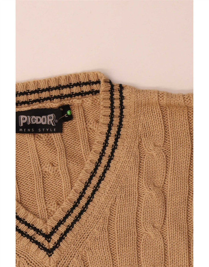 Vintage Mens V-Neck Jumper Sweater Large Beige Cotton