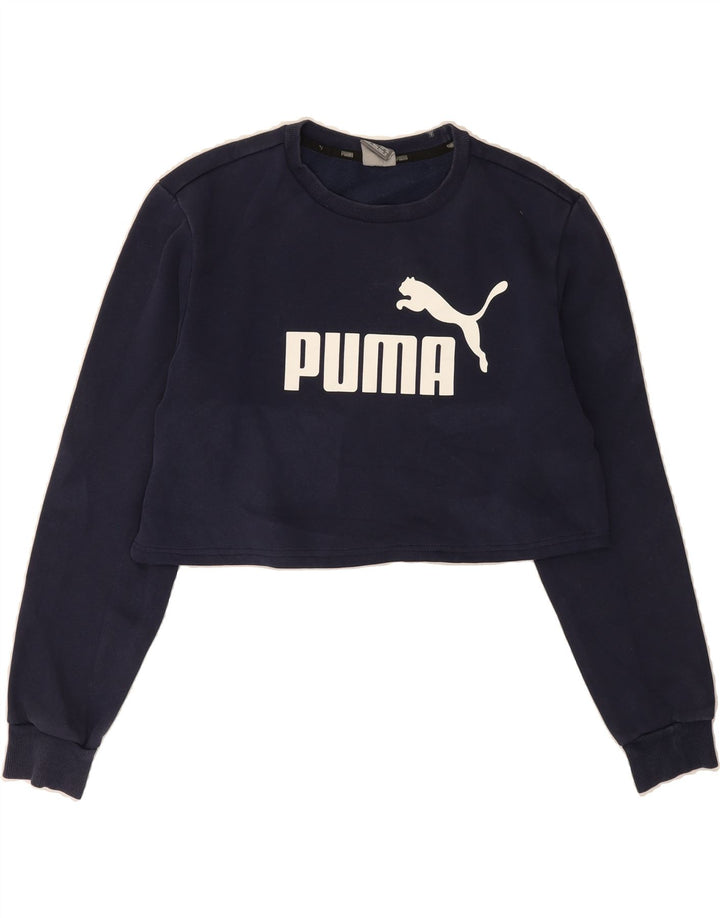 PUMA Womens Graphic Crop Sweatshirt Jumper UK 14 Medium Navy Blue Cotton Vintage Puma and Second-Hand Puma from Messina Hembry 