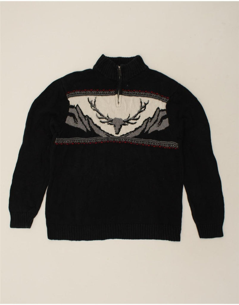 CHAPS Mens Graphic Zip Neck Jumper Sweater XL Black Fair Isle Cotton | Vintage Chaps | Thrift | Second-Hand Chaps | Used Clothing | Messina Hembry 