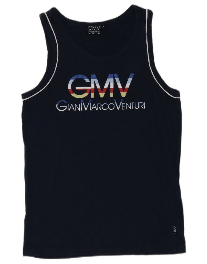 Gianmarco Venturi Mens Graphic Vest Top Medium Navy Blue Cotton