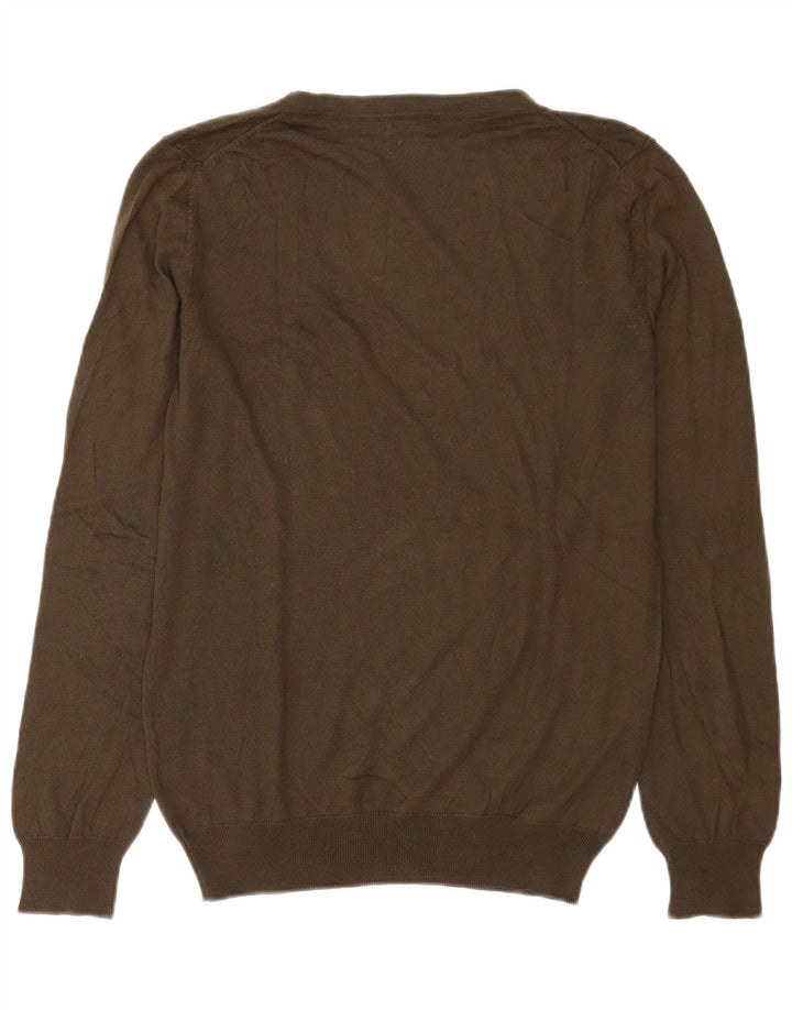 Massimo Dutti Womens V-Neck Jumper Sweater UK 14 Medium Khaki Silk