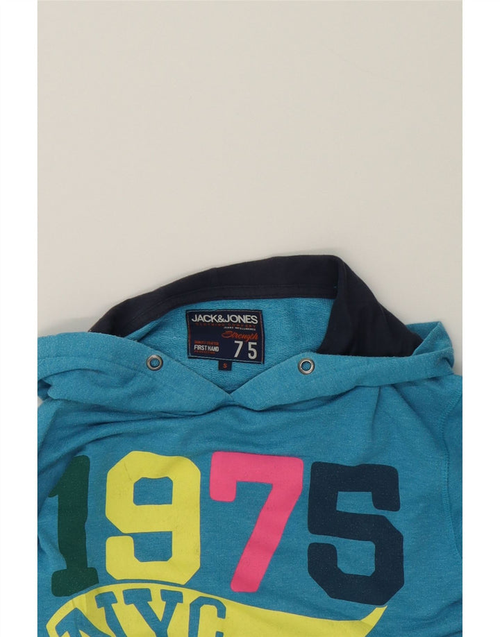 JACK & JONES Mens Graphic Hoodie Jumper Small Blue Polyester Vintage Jack & Jones and Second-Hand Jack & Jones from Messina Hembry 