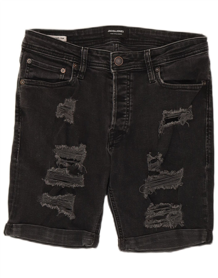 Jack & Jones Mens Tim Distressed Denim Shorts Medium W30  Black Cotton