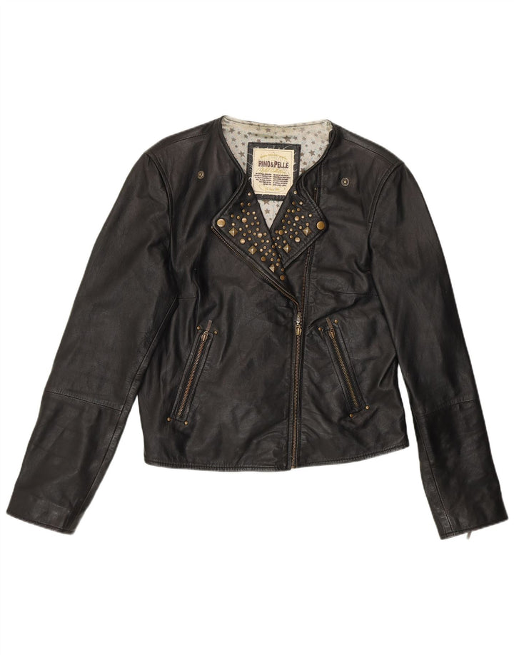 RINO & PELLE Womens Crop Biker Leather Jacket UK 12 Medium Black Leather