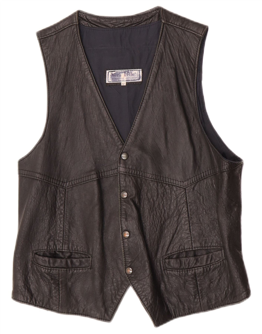 Vintage Mens Leather Waistcoat Medium Black Leather