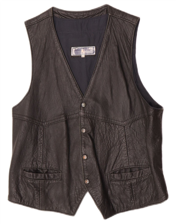 Vintage Mens Leather Waistcoat Medium Black Leather